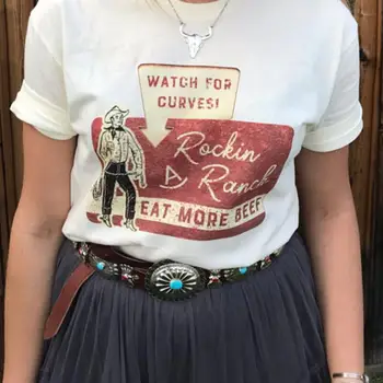 Vintage Rockin Ranču Prijavite Graphic Tee Ženske Prevelik Svoboden Priložnostne Kratka Sleeved Tshirt Zahodni Cowgirl Tumblr Tshirt Ženske