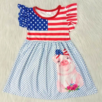 Vesel 4. julij dekleta frocks šivanje tkanine dekle poletje moda obleko luštna prašičev vzorec baby girl obleke z zvezdo in proge