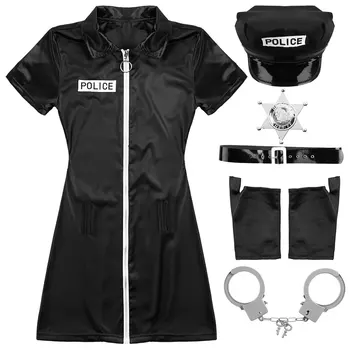 Ženska Policist Kostum Halloween Stranke Clubwear Policaj Enotno Zavoj navzdol Ovratnik Bodycon Mini Obleka s Kapo, Značko Lisice