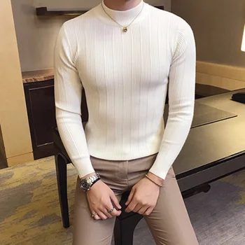 Pulover moški pulover 2019 priložnostne prugasta barva pulover moške pol-visok ovratnik stretch tesen pulover slim plesti vrh