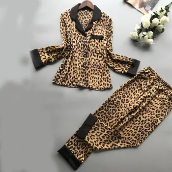 2021 Poletje Ženska Pižamo Nastavite Seksi Leopard Tiskanja Saten Dolgi Rokav, Dolge Hlače Nastavite Sleepwear More Perilo Pijama Mujer