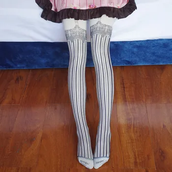 Japonski sladko Gothic veter prugasta nogavice Lolita punk pantyhose študent ponaredek trak čipke tiskanja nogavice