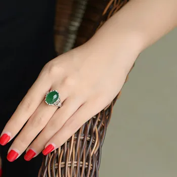 JoiasHome 925 sterling srebrni prstan letnik smaragdni biser podolgovat cvet kazalcem nastavljiv ženski prstan srebrn nakit darilo