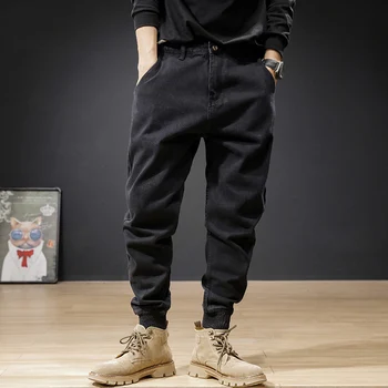 Japonski Vintage Moda Za Moške Kavbojke, Črno Razrezana Oblikovalec Denim Tovora Hlače Ulične Hip Hop Joggers Širok Noge Vrečasta Hlače