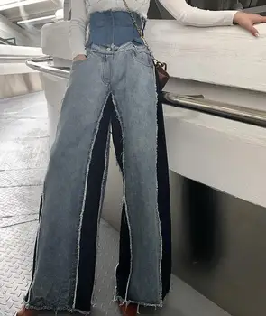 ženski 2020 novo barvno ujemanje visok pas, bf, široko noge hlače priložnostne jeans hlače ženske