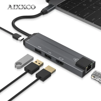 AIXXCO USB C VOZLIŠČE Tipa C do USB 3.0 HUB HDMI priključek RJ45 Adapter Dock za MacBook Pro Huawei Mate 30 USB-C 3.1 za Ločevanje Vrata Tip C HUB