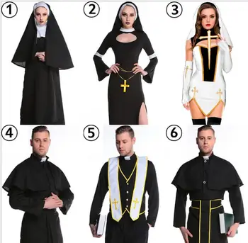 6 slog Black Ženske Nuna Devica Marija Kostum Dolgo Obleko Christian Clergyman Duhovnik Kostumi za Moške Odrasle Fancy Cosplay Oblačila