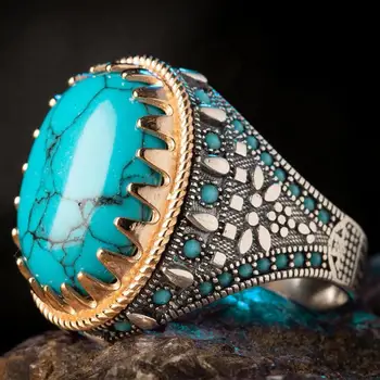 925 Sterling Srebrni Prstan Za Moške Simetrični Potiskane Turkizno Kamen Vintage Moda Turški Premium Kakovosti Ročno Jawelery