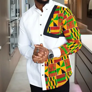 Pomlad Moda Tisk Človek Majica Vrhovi Geometrijske Slim Priložnostne Enotni-Zapenjanje Bluzo Afriške 2021 Gospodje Dela Poslovne Srajce