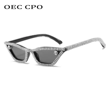 OEC CPO Moda za Ženske Diamond Vintage sončna Očala Majhne Nosorogovo Mačka oči, sončna Očala Ženski Kristalno Rdeča Očala Očala O726