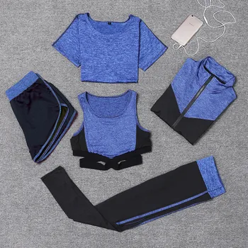Šport, ženske, joga določa mozaik plasti+majica+seksi modrček+hlače+hlače za fitnes gym 5 kosov set quick dry teče oblačila