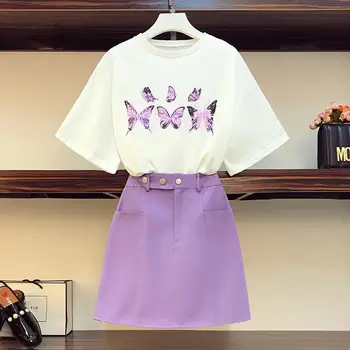 ICHOIX 2020 poletje velikosti l-4xl ženska moda in ženske 2pcs bo ustrezala metulj natisnjeni T-shirt+ vijolično krilo obleko visoke kakovosti obleke