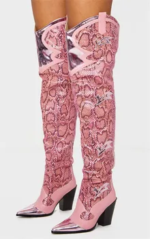 Blagovna znamka modnih konicami prstov kača tiskanja mikrovlaken kolena visoki škornji seksi visoke pete, čevlji za ženske ženske jeseni, pozimi škornji roza