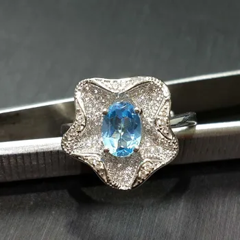 FLZB , Cvet obroč trendovski nakit prstan v 925 stelring srebro z naravnimi modri topaz gemstone v 18k belim zlatom prevlečeni