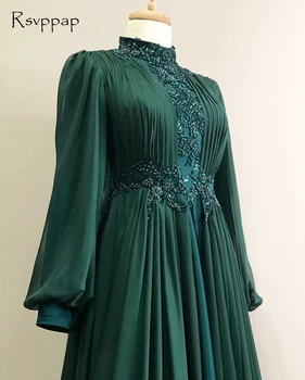 Dolge Elegantne Večerne Obleke 2020 Visoko Vratu Dolg Rokav Beaded Čipke Smaragdno Zelena Šifon Muslimanskih Večernih Oblek