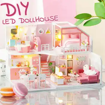DIY Lutka Hiša Otroke, Odrasle, Mini LED Lesene Lutke Model Gradnjo Kompleti Izobraževalne Igrače, Pohištvo za Rojstni dan Darila