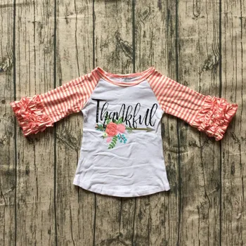 Jesen/zima baby dekleta zahvalni koralni bombaž zaledenitve rokav t-shirt trak raglans hvaležni cvetlični puščico otroci oblačila