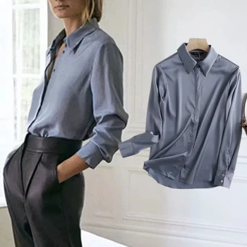 Suho Jesen Bluzo Ženske Angliji Urad Dama Moda Trdna Preprost Saten Blusas Mujer De Moda 2020 Long Sleeve Majica Vrhovi